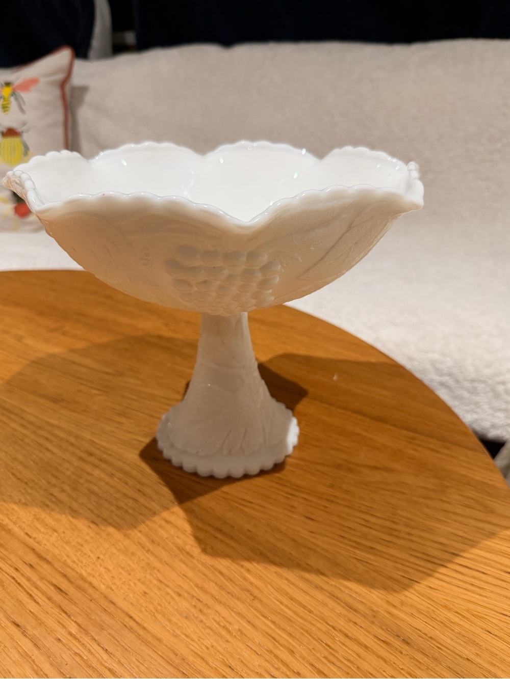 Vintage Milk Glass Compote Bowl: Grape & Leaf Scalloped Centerpiece